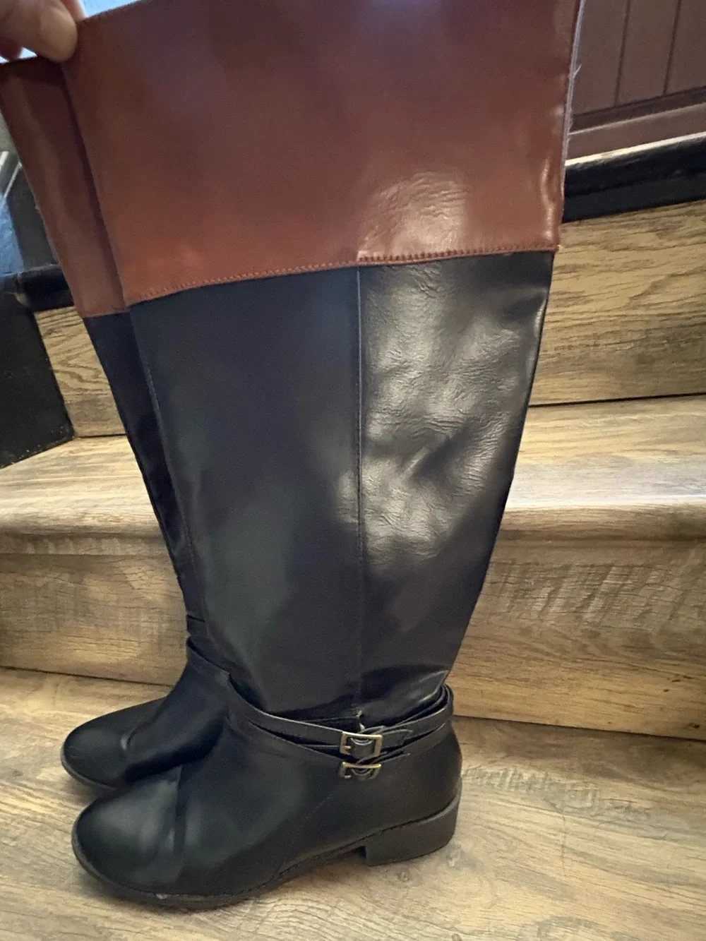 SO Two-Tone Tall Riding Boots in Black and Brown